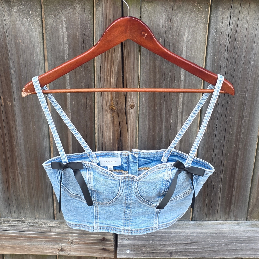 PacSun Denim Bustier Crop Bra Top M Y2K Coquette Bow Corset Style - Picture 3 of 16